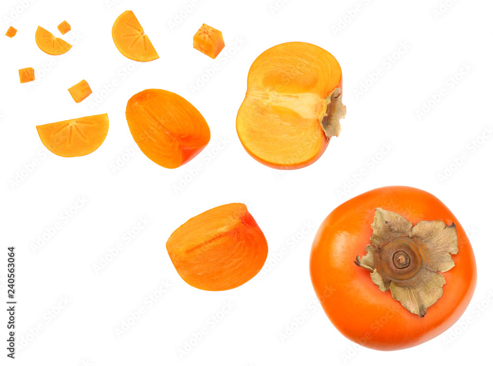 fresh ripe persimmons with slices isolated on white background. top view fresh ripe persimmons with slices isolated on white background. top view