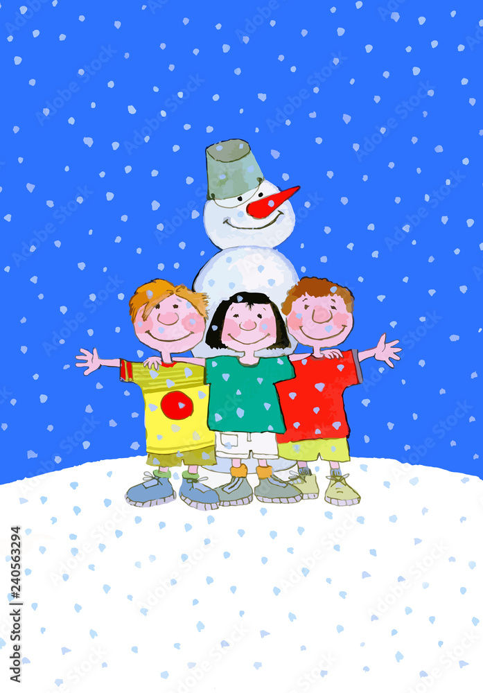 Boys and girl with snowman are happy snowfall greeting card, postcard Boys and girl with snowman are happy snowfall greeting card, postcard