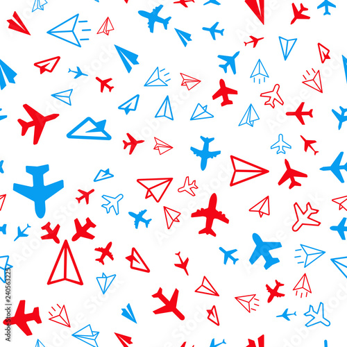 Plane Aircraft airport, Travel concept. Seamless vector EPS 10 pattern. Multicolor Figures. 