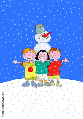 Boys and girl with snowman are happy snowfall greeting card, postcard