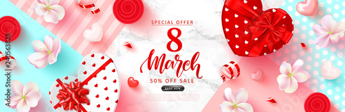 8 March Happy Womens Day Sale banner. Beautiful Background with flowers, hearts,serpentine and gift boxes. Vector illustration for postcards,posters, coupons, promotional material.