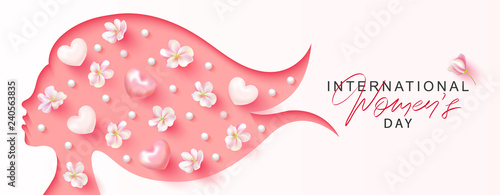 International Women's Day holiday illustration. Paper cutout girl face with flowers, hearts and beads.Vector illustration for postcards,posters, coupons, promotional material.