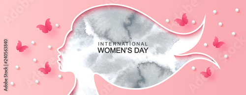 International Women's Day holiday illustration. Paper cutout girl face with watercolor texture, butterflies and beads.Vector illustration for postcards,posters, coupons, promotional material.