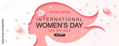 International Women's Day sale background.Paper cutout girl face with flower, hearts and beads . Vector illustration for website , posters,ads, coupons, promotional material.