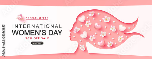 International Women's Day sale background.Paper cutout girl face with flowers, hearts and beads . Vector illustration for website , posters,ads, coupons, promotional material.