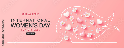International Women's Day sale background.Paper cutout girl face with flowers, hearts and beads . Vector illustration for website , posters,ads, coupons, promotional material.