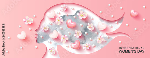 International Women's Day holiday illustration. Paper cutout girl face with watercolor texture, flowers, hearts and beads.Vector illustration for postcards,posters, coupons, promotional material.