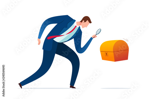 businessman carefully checks the mystery chests