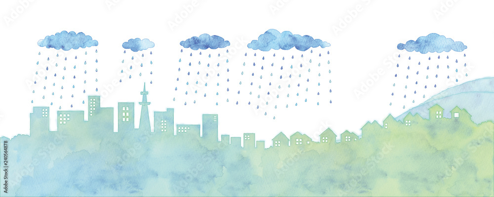 街並みと雨雲のイラスト