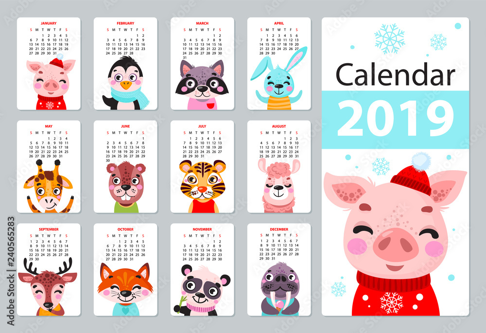 Fototapeta premium Calendar 2019. Cute monthly calendar with animals. Hand drawn characters. Vector illustration.