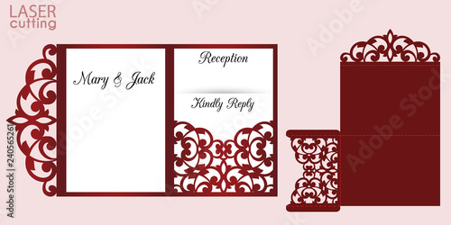 Laser cut wedding invitation card template with lace pattern, vector. Die cut Tri fold pocket envelope with swirls. Wedding lace invitation mockup. Suitable for greeting cards, invitations, menus.