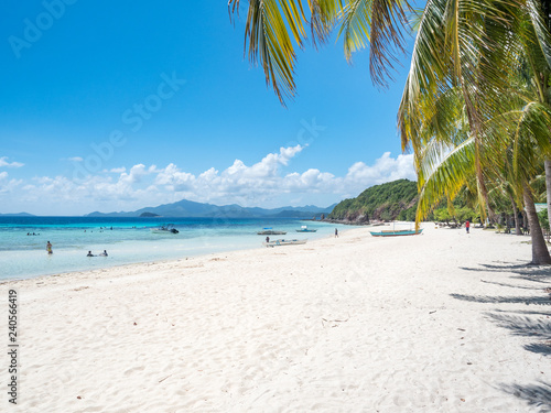 Beautiful beach, view of nice tropical beach with palms around. Holiday and vacation concept with white sand. Philippines, November, 2018