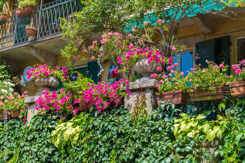 Beautiful Facade of a House with Abundantly Blooming Flowers in Italy