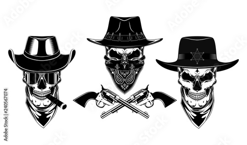 Cowboy set of vector images. Skulls, hats, bandanas, revolvers, cigar, glasses, sheriff's star.