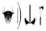 Set of vector images of a viking skull in a helmet with horns, bow, arrow, axes.