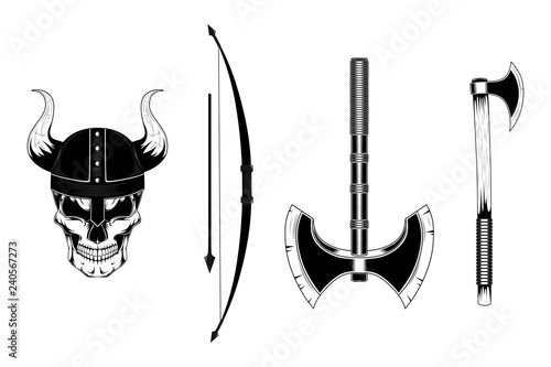 Set of vector images of a viking skull in a helmet with horns, bow, arrow, axes.