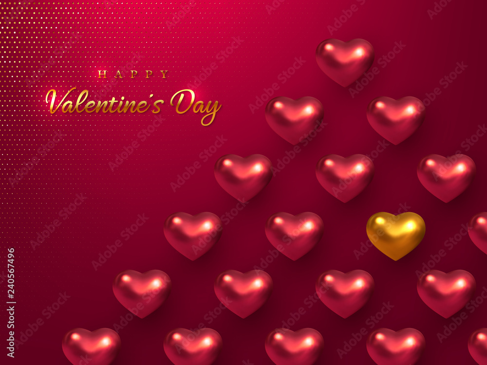 Valentines day holiday horizontal banner. 3d metallic glossy hearts with greeting golden text on vinous glitter dotted background. Vector illustration.