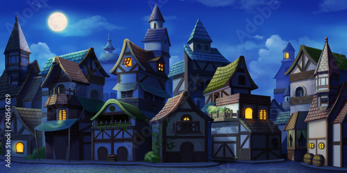 Fototapeta Naklejka Na Ścianę i Meble -  Small Fairy Tale Town Night. Fiction Backdrop. Concept Art. Realistic Illustration. Video Game Digital CG Artwork. Industry Scenery.
