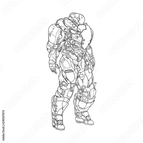 Heavy space suit for combat, white outline high detail