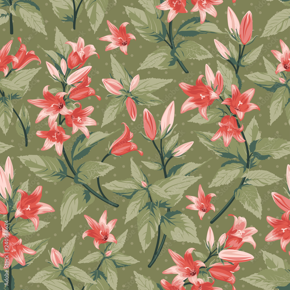 Seamless pattern with pink Campanula - flowers, isolated on green background. Hand-drawn illustrations. Seamless pattern with pink Campanula - flowers, isolated on green background. Hand-drawn illustrations.