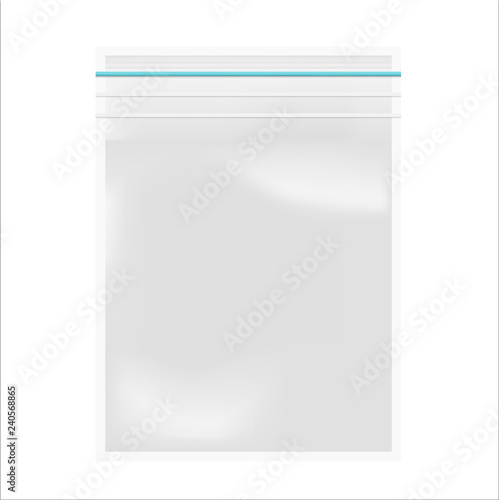 Realistic plastic bag with zipper on white background. Close up. 3D package. Mock up. Vector template for design, presentation, advertising, promo. EPS 10. Front view. Vertical.