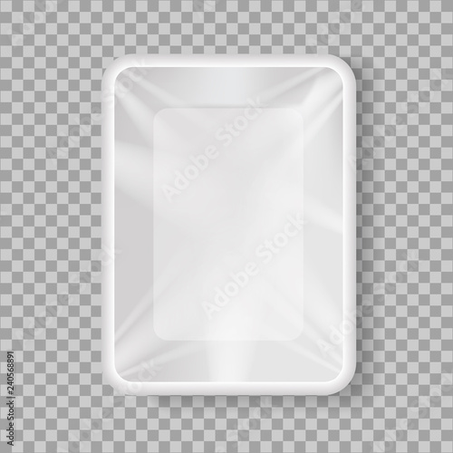 Realistic white Polystyrene packaging container on transparent background. 3D Mock up ready for design. Vector template for design, presentation, advertising, promo. EPS 10. Top view. 