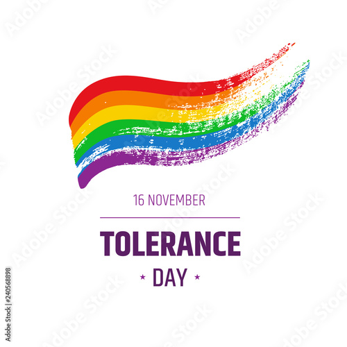 Tolerance day logo. Bright hand drawn illustration isolated on white background - rainbow textured flag with text. Gay pride LGBT symbol.