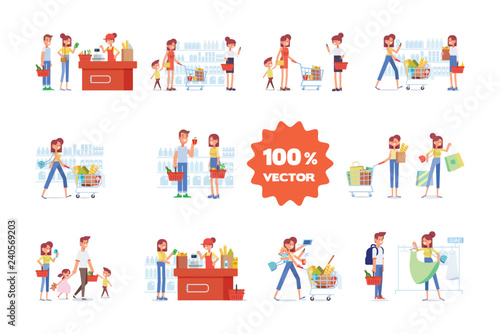 People Shopping in supermarket big vector set. Big sale. Flat vector illustration. 