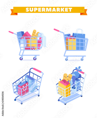 Different isometric and flat vector shopping carts with purchases and food. Online Shopping and Supermarket concept. Flat vector isolated illustaration isolated on white.	