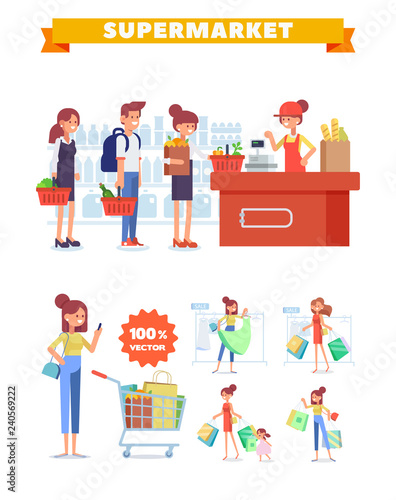 People Shopping in supermarket big vector set. Big sale. Flat vector illustration. 