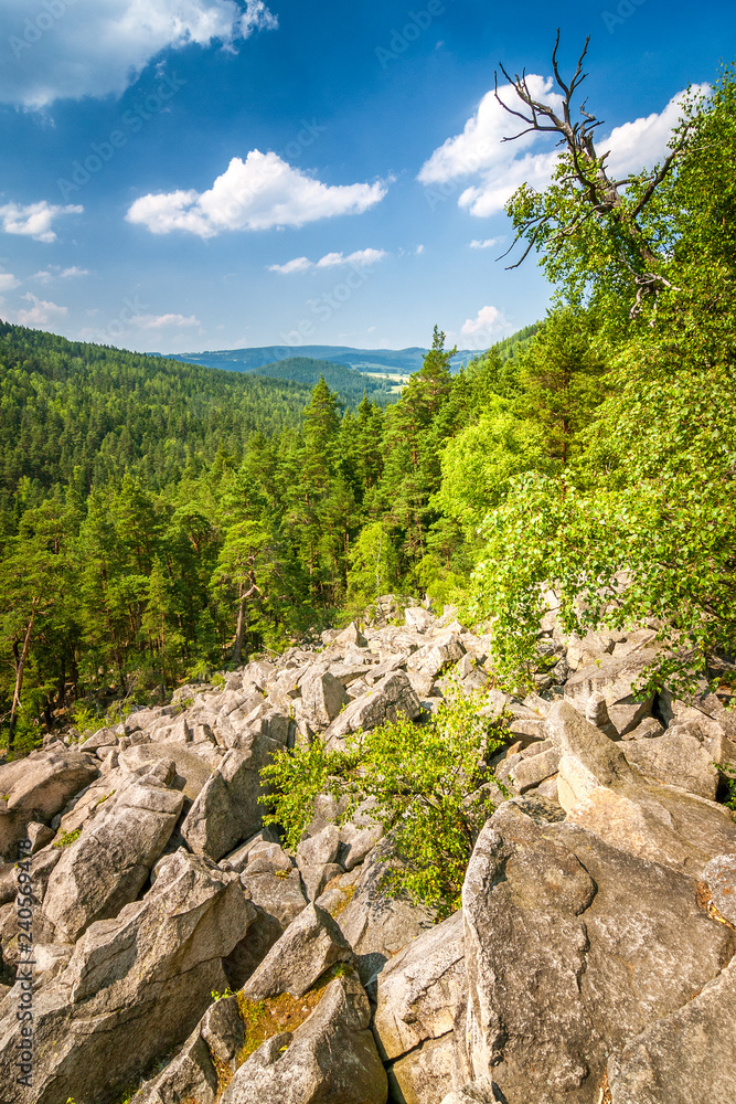 A view of the countryside in The Certova Stena National Nature Reserve, location called as rocky sea in south of the Czech Republic, Europe.