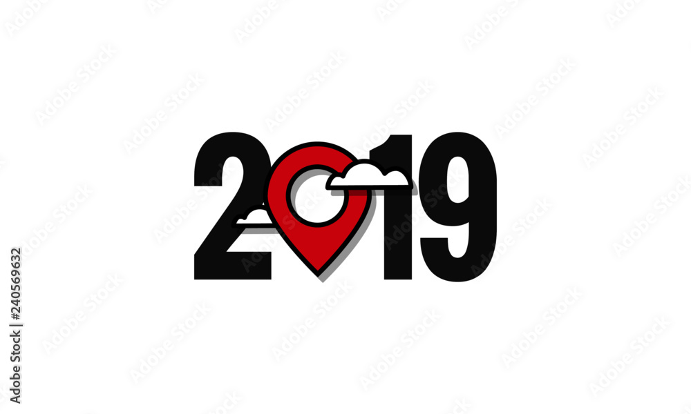 Year 2019 Typography Concept Design with Location Pin Year 2019 Typography Concept Design with Location Pin
