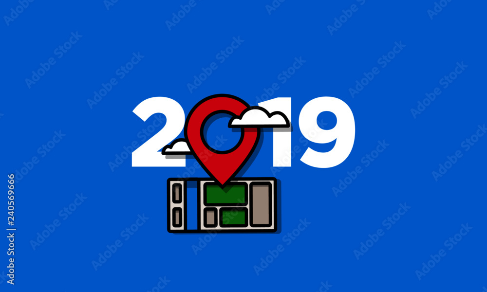 Year 2019 Typography Concept Design with Location Pin Year 2019 Typography Concept Design with Location Pin