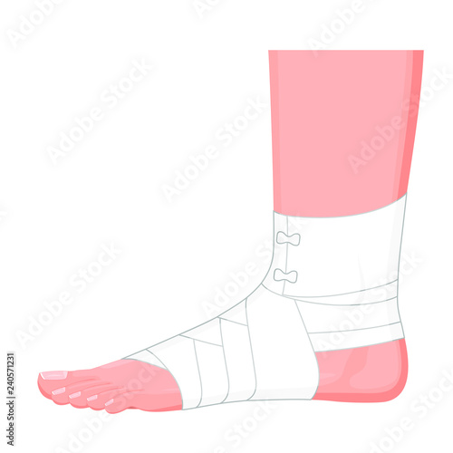 Vector illustration. Correct way to wrap human ankle by flexible elastic supportive orthopedic bandage (sprain, strain). Lateral view.  For advertising, medical publications
