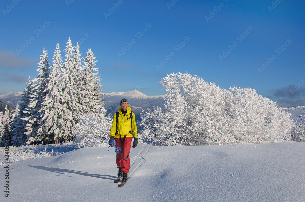 tourist in outdoors clothes is riding on wooden skis in beautiful snowy Carpathian mountains. Ukraine tourist in outdoors clothes is riding on wooden skis in beautiful snowy Carpathian mountains. Ukraine