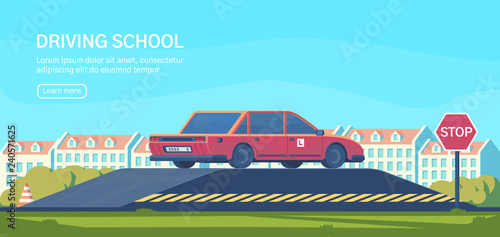 Driving school. Practical testing of maneuvers and exercises to improve driving skills. Flat vector illustration.