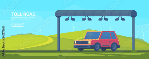 Wireless automated toll collection gate on highway. Checkpoint on the toll road. Web banner. Vector flat illustration.