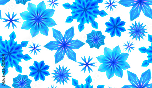 Seamless pattern with 3d blue origami snowflakes on a white background. Vector texture for gift wrapping, wallpaper and your creativity