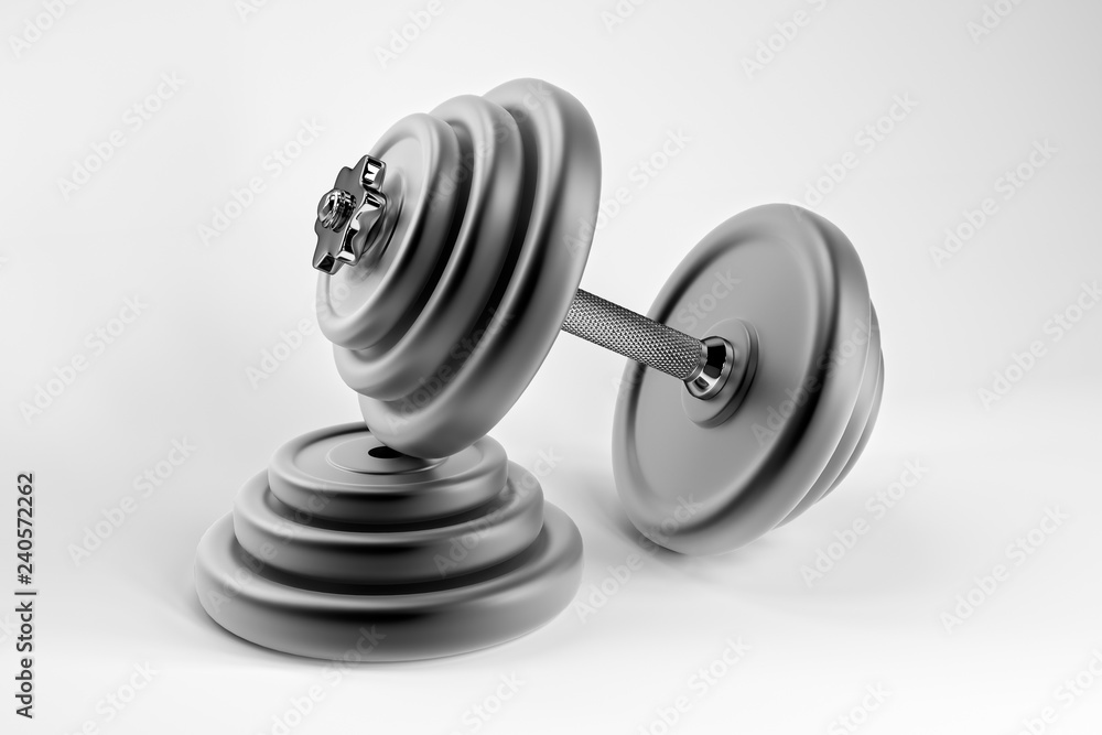 3D rendering image of a dumbbell for sports. Bodybuilding equipment on white background 3D rendering image of a dumbbell for sports. Bodybuilding equipment on white background