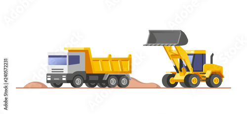 Construction site. Loader moving soil and unloading into a dumper truck. Vector illustration.