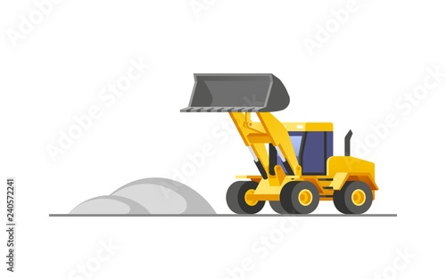 Loader in action at construction site. Vector illustration.