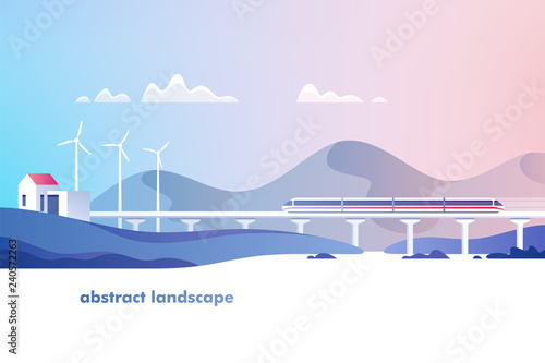 Abstract countryside landscape. Rural area with hills, fields and train. Vector illustration.