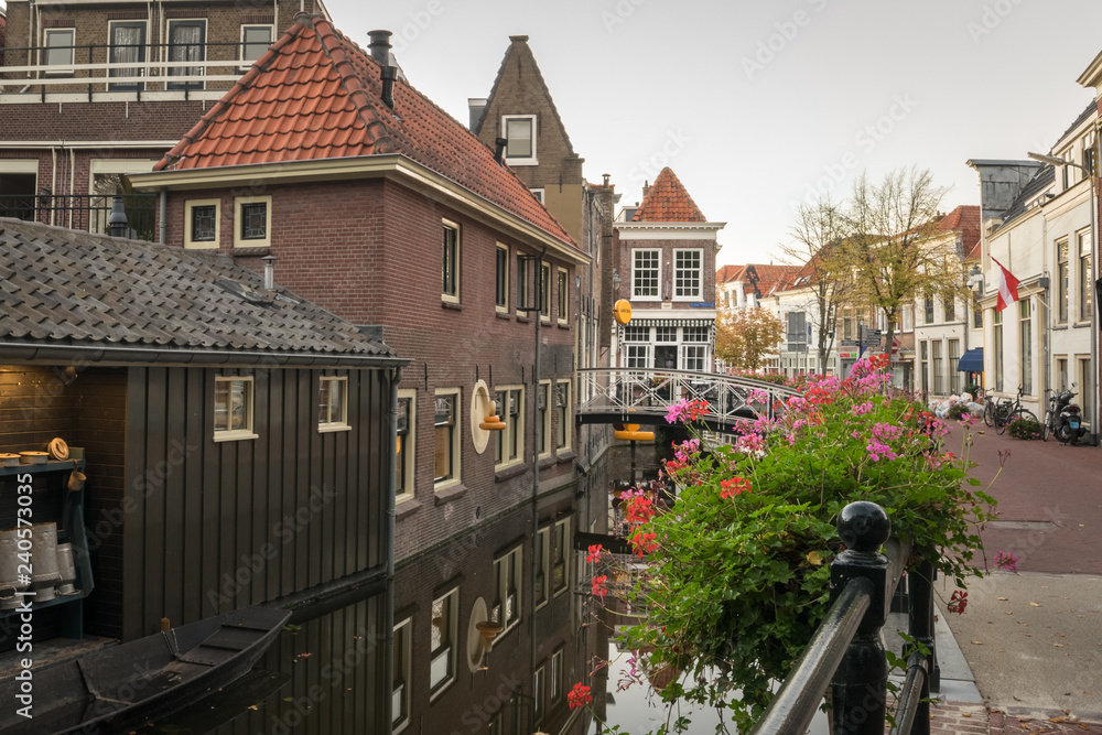 Traditional dutch canal houses of Gouda, Holland. Historical architecture of Gouda, The Netherlands. 