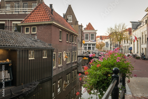Traditional dutch canal houses of Gouda, Holland. Historical architecture of Gouda, The Netherlands. 