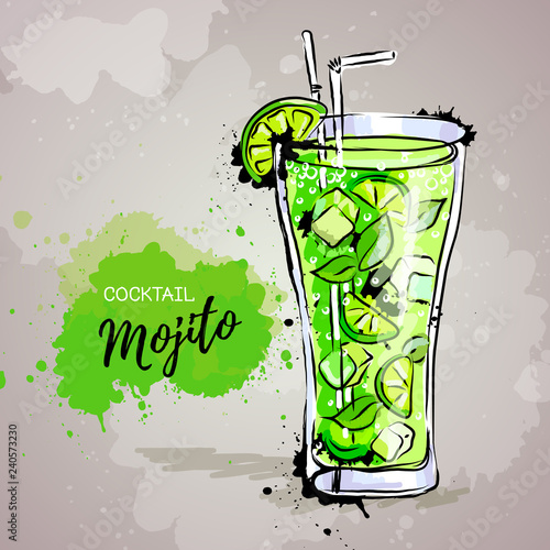 Hand drawn illustration of cocktail mojito.