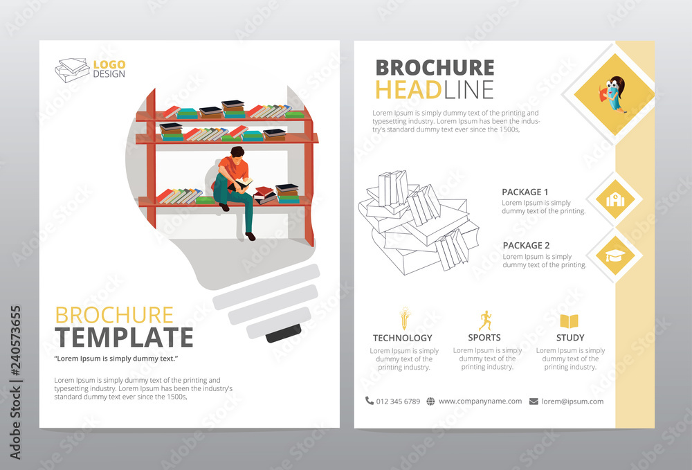 Fototapeta premium Education brochure template vector design with graphics. Illustration of education business flyer front and back pages design with the education graphics, heading, text and icons