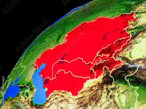 Central Asia from space. Planet Earth with country borders and extremely high detail of planet surface.