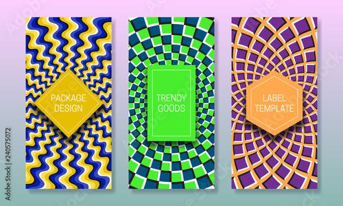 Optical illusion packaging design. Colorful moving backgrounds with frames for text. Set of trendy labels templates.