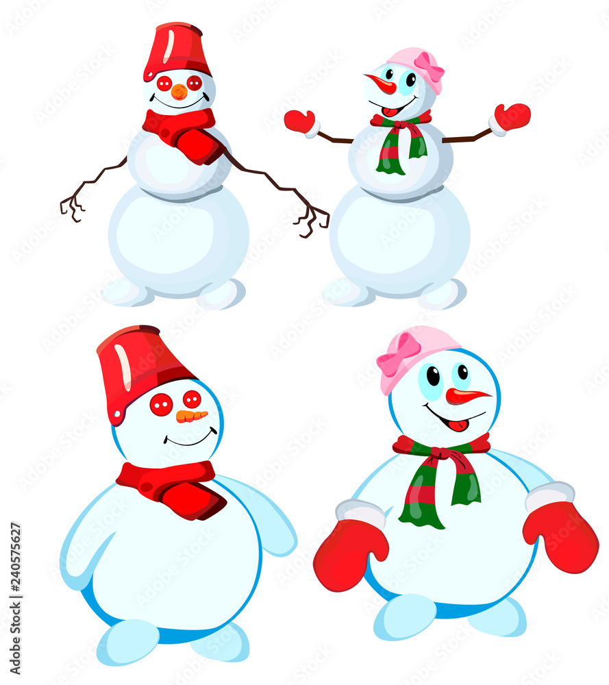 Set of four snowmen in various headdresses and in different scarves
