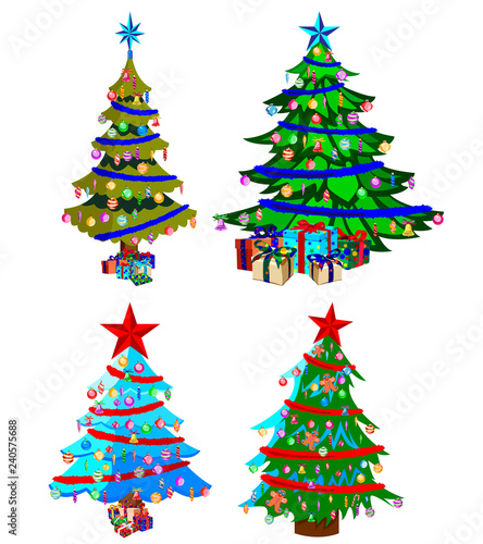 Star decorations  balls and light chains decorated Christmas trees with lots of gift boxes.